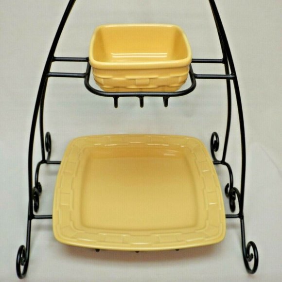 Longaberger W.I. Holiday Stand Wood Shelf Soft Square Dinner Plate & Small Bowl - Picture 2 of 14